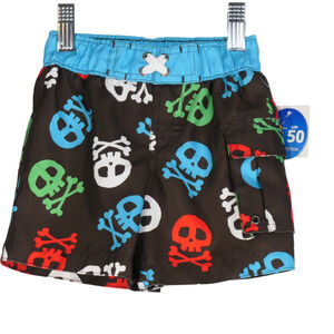 Wave Zone Brown Swim Trunks Boys Size 12 Month Mesh Lining Skull Skulls Pull On